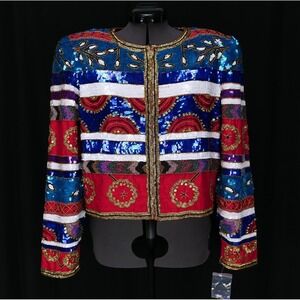 NEW Leslie Fay Evenings Vintage Silk Beaded Sequin Jacket Multi Color Womens L